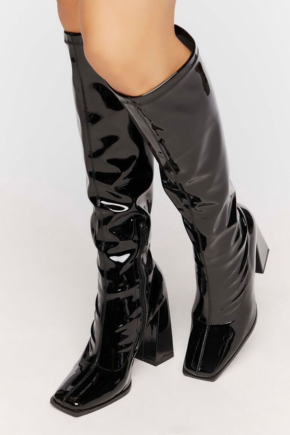 BLACK Faux Patent Leather Knee-High Boots, image 1