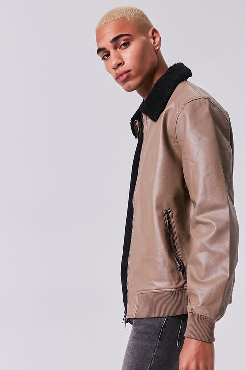 DEEP TAUPE/BLACK Faux Leather Zip-Up Jacket, image 2