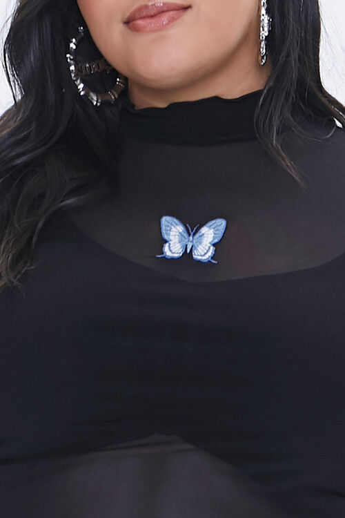BLACK/MULTI Plus Size Mesh Butterfly Patch Top, image 5
