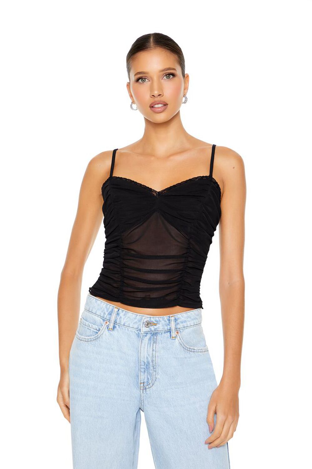 Lace-Trim Ruched Mesh Cami