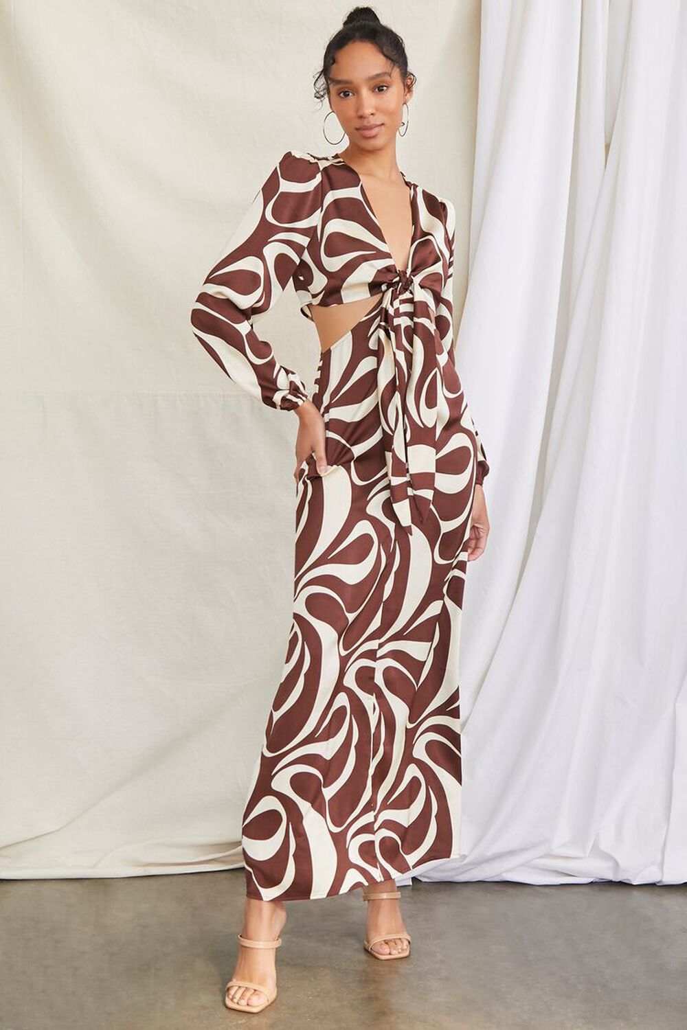 BROWN/MULTI Satin Abstract Print Maxi Dress, image 1