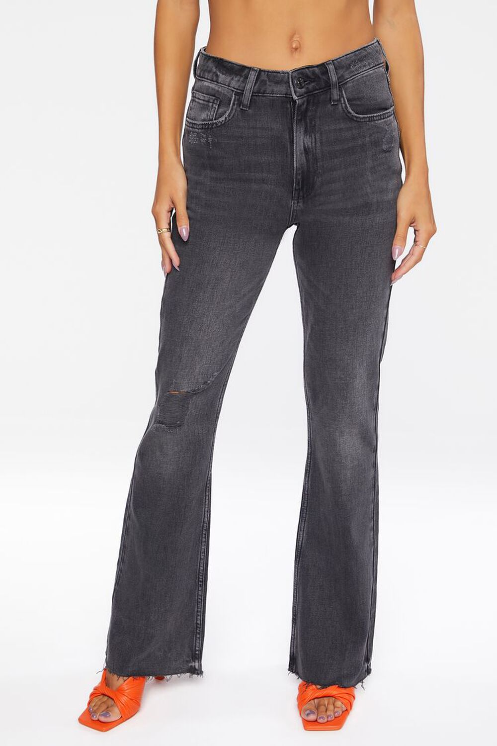 WASHED BLACK Hemp 10% Distressed Raw-Cut Bootcut Jeans, image 2