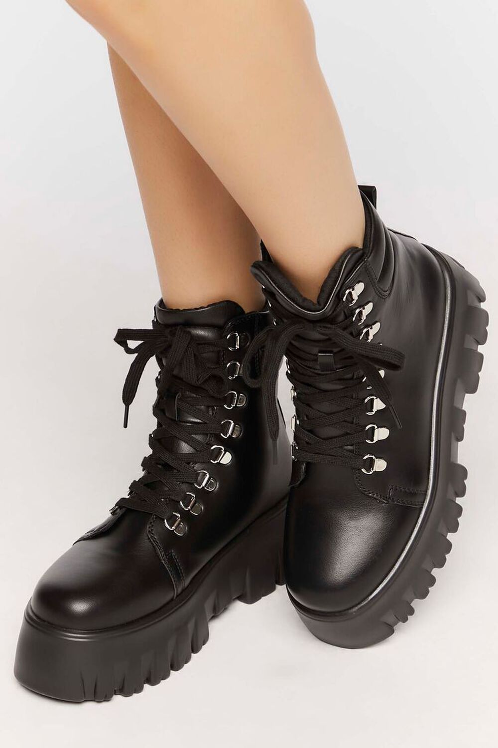 BLACK Faux Leather Lace-Up Combat Boots, image 1