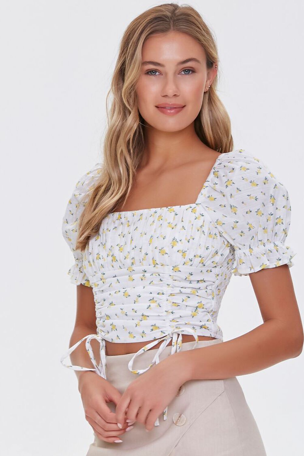WHITE/MULTI Floral Print Puff-Sleeve Top, image 1