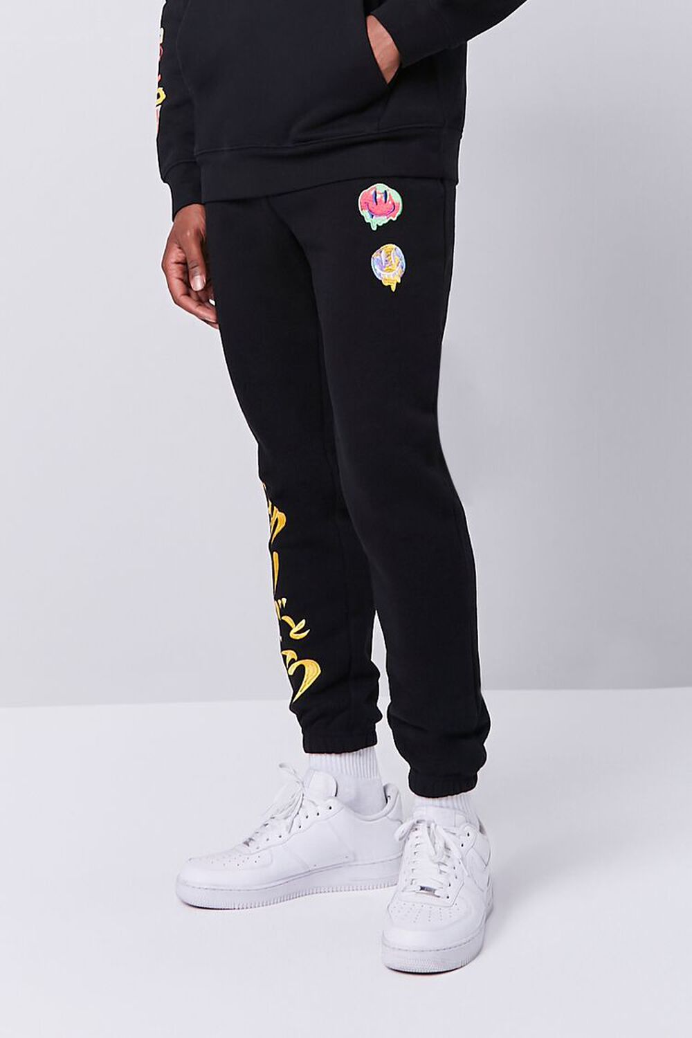 BLACK/MULTI Smiling Face Embroidered Graphic Joggers, image 2