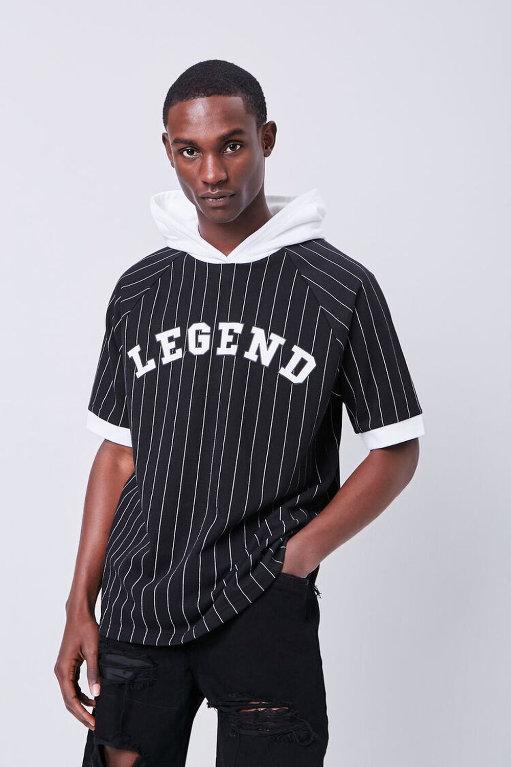 BLACK/WHITE Legend Graphic Striped Hooded Top, image 1