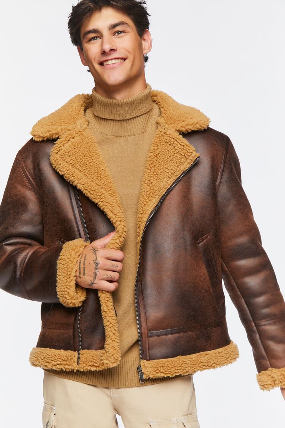 BROWN/TAUPE Faux Shearling Trim Zip-Up Jacket, image 1
