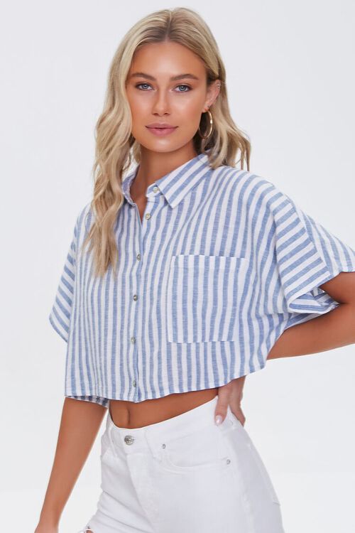 WHITE/BLUE Striped Linen-Blend Shirt, image 1