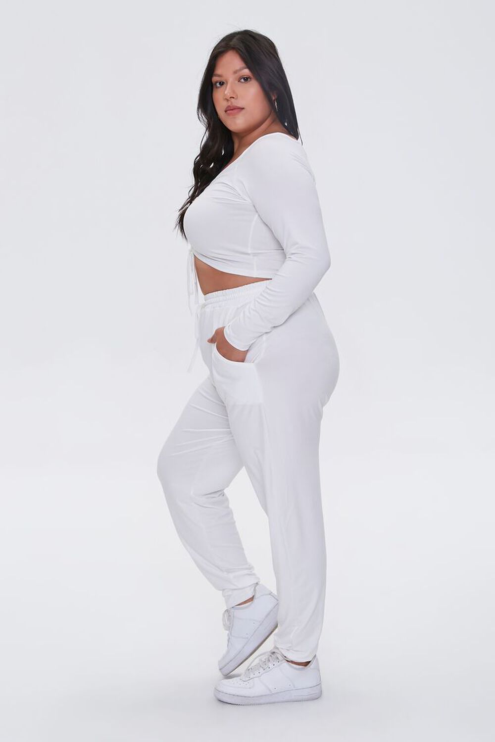 WHITE Plus Size Ruched Crop Top & Sweatpants Set, image 2