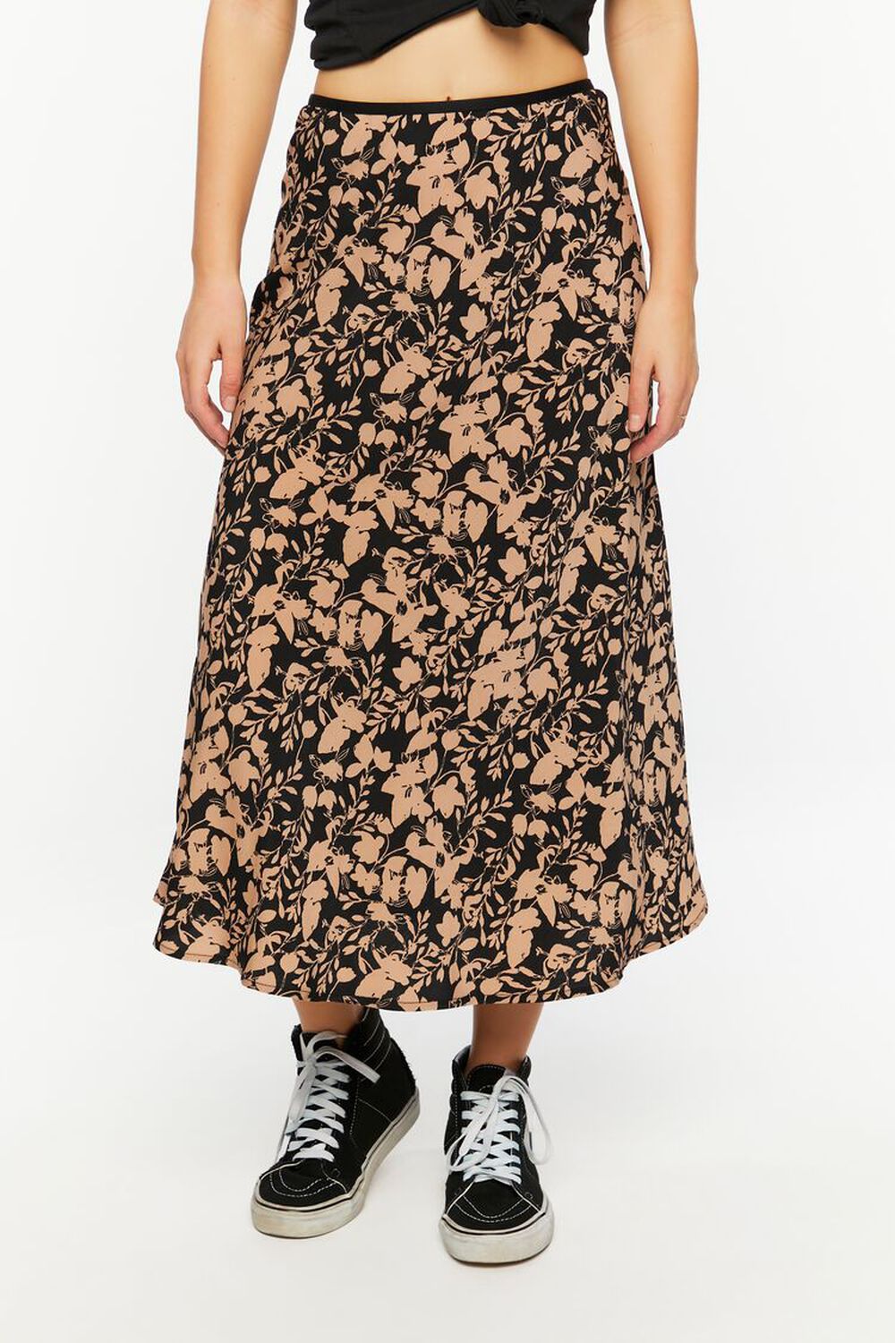 BLACK/BEIGE Floral Print A-Line Midi Skirt, image 2