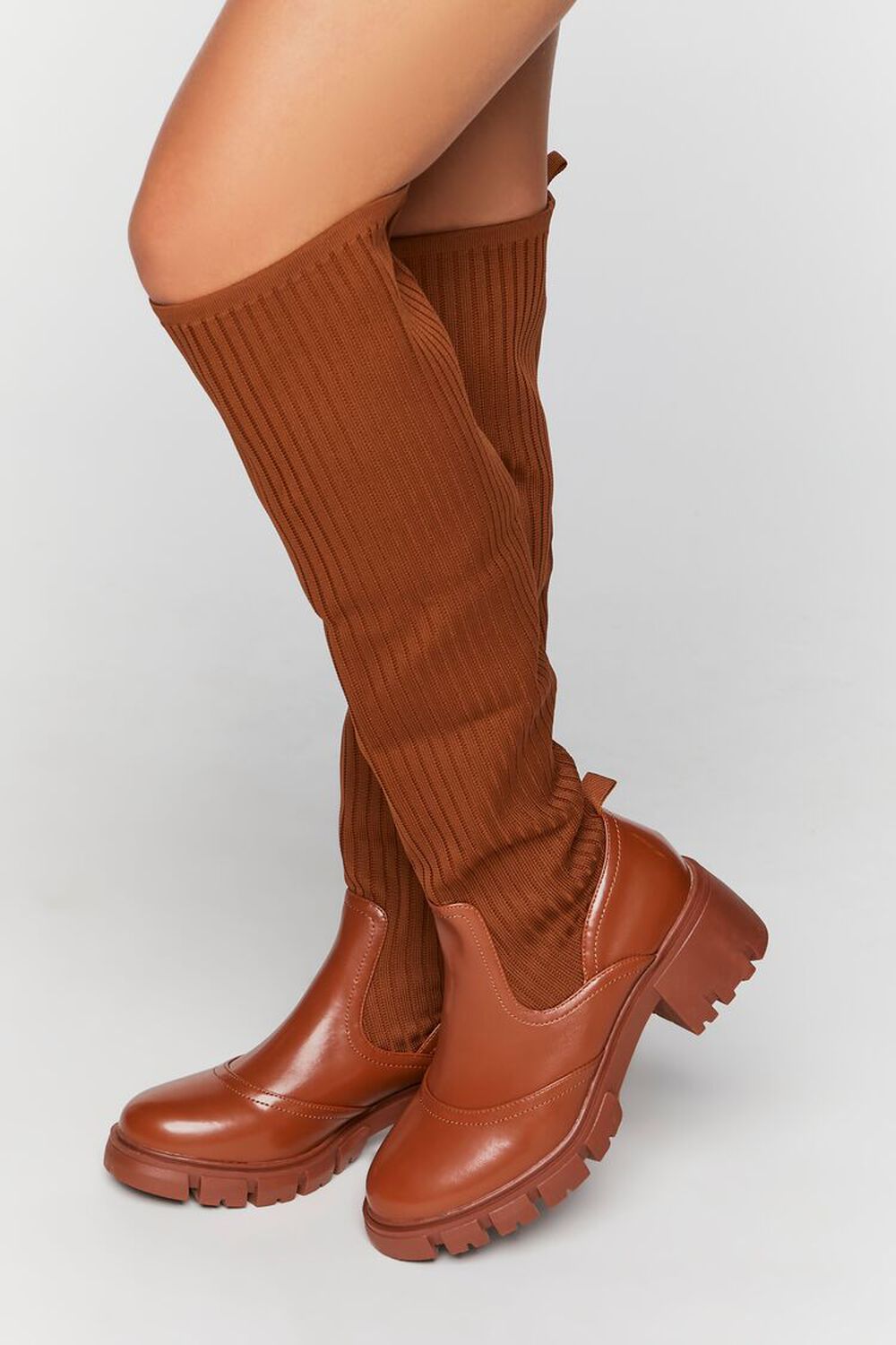 BROWN Ribbed Over-the-Knee Lug Boots, image 1