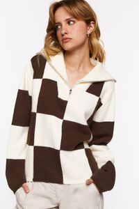 CREAM/BROWN Colorblock Checkered Half-Zip Sweater, image 6