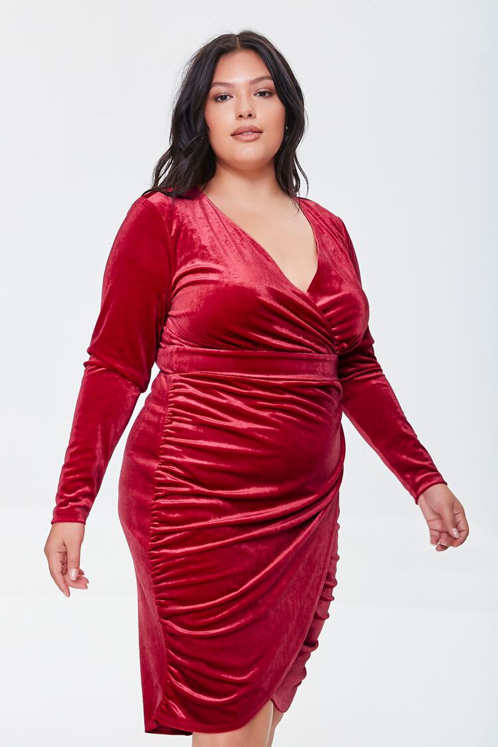 RED Plus Size Velour Shirred Dress, image 1