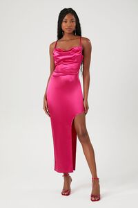 SHOCKING PINK Satin Asymmetrical Maxi Dress, image 4