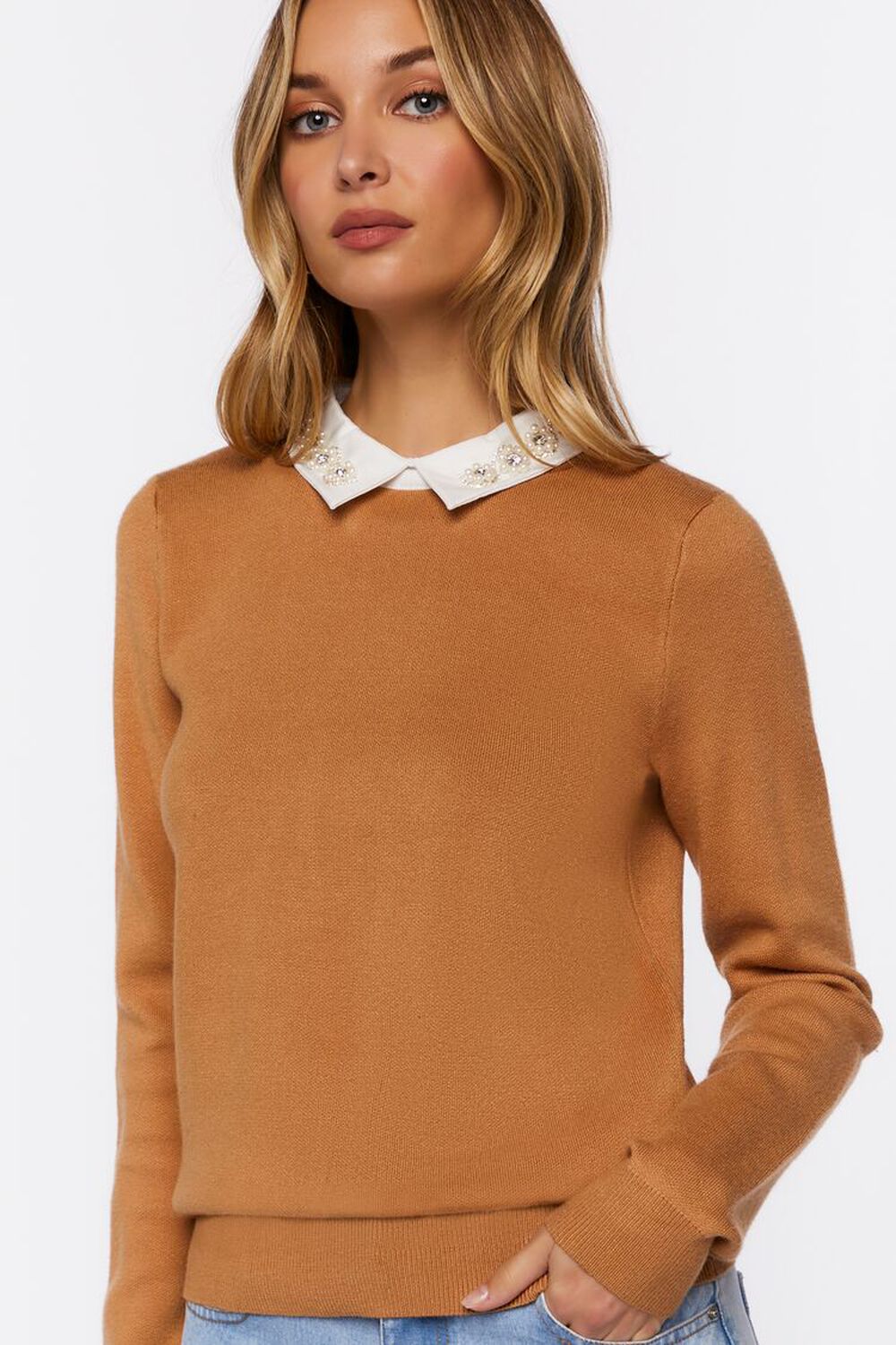 CAMEL/WHITE Faux Gem-Collar Sweater, image 1