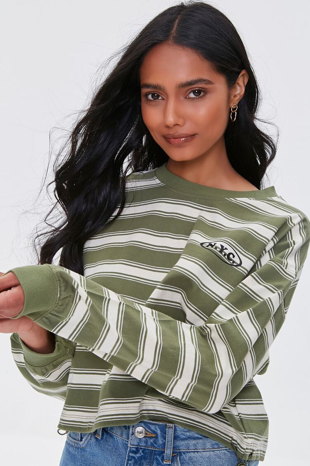 OLIVE/MULTI NYC Graphic Striped Pullover, image 1