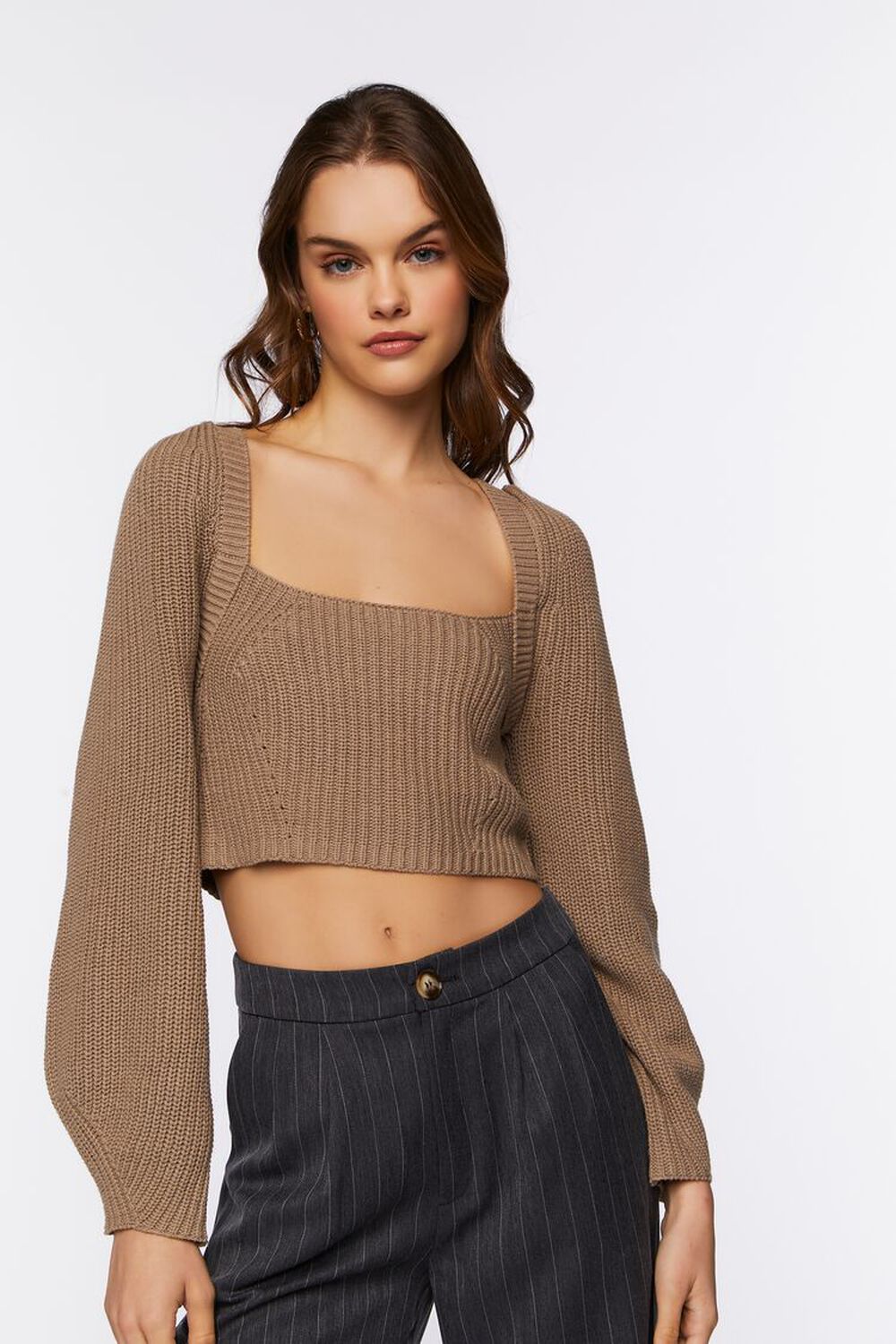 TAUPE Rib-Knit Cropped Sweater, image 1