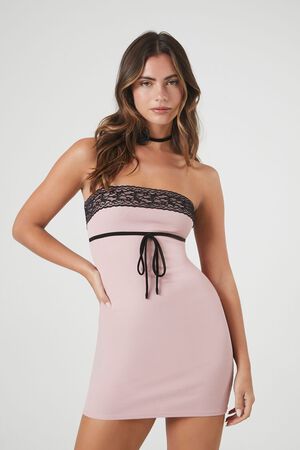 Sexy Sheer Lace Mini Tube Dress High Waist Stocking Matching Set