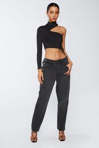 BLACK Ruched Cutout One-Sleeve Crop Top, image 4