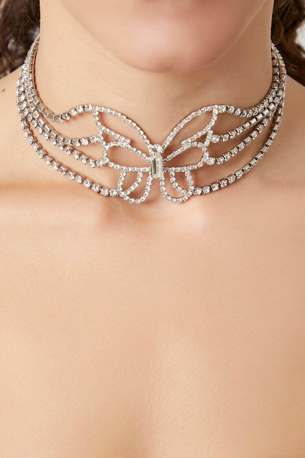 SILVER/CLEAR Rhinestone Butterfly Choker Necklace, image 2