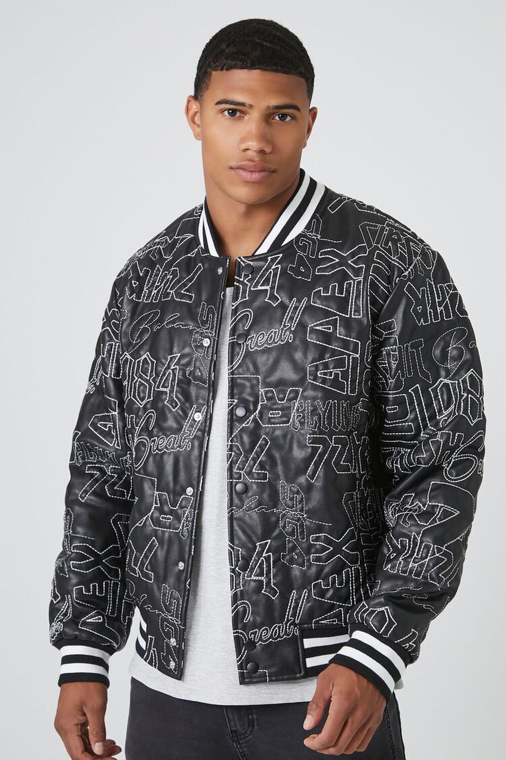 Mens Embroidered Varsity Jacket with Faux Leather Sleeves and