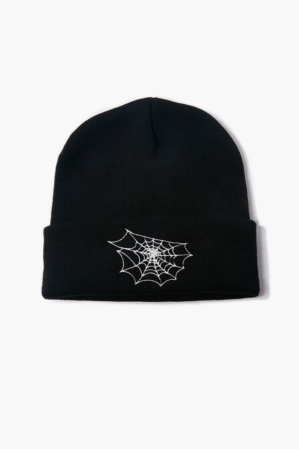 BLACK/WHITE Men Embroidered Spiderweb Beanie, image 1