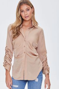 TAN Ruched Button-Front Shirt, image 1