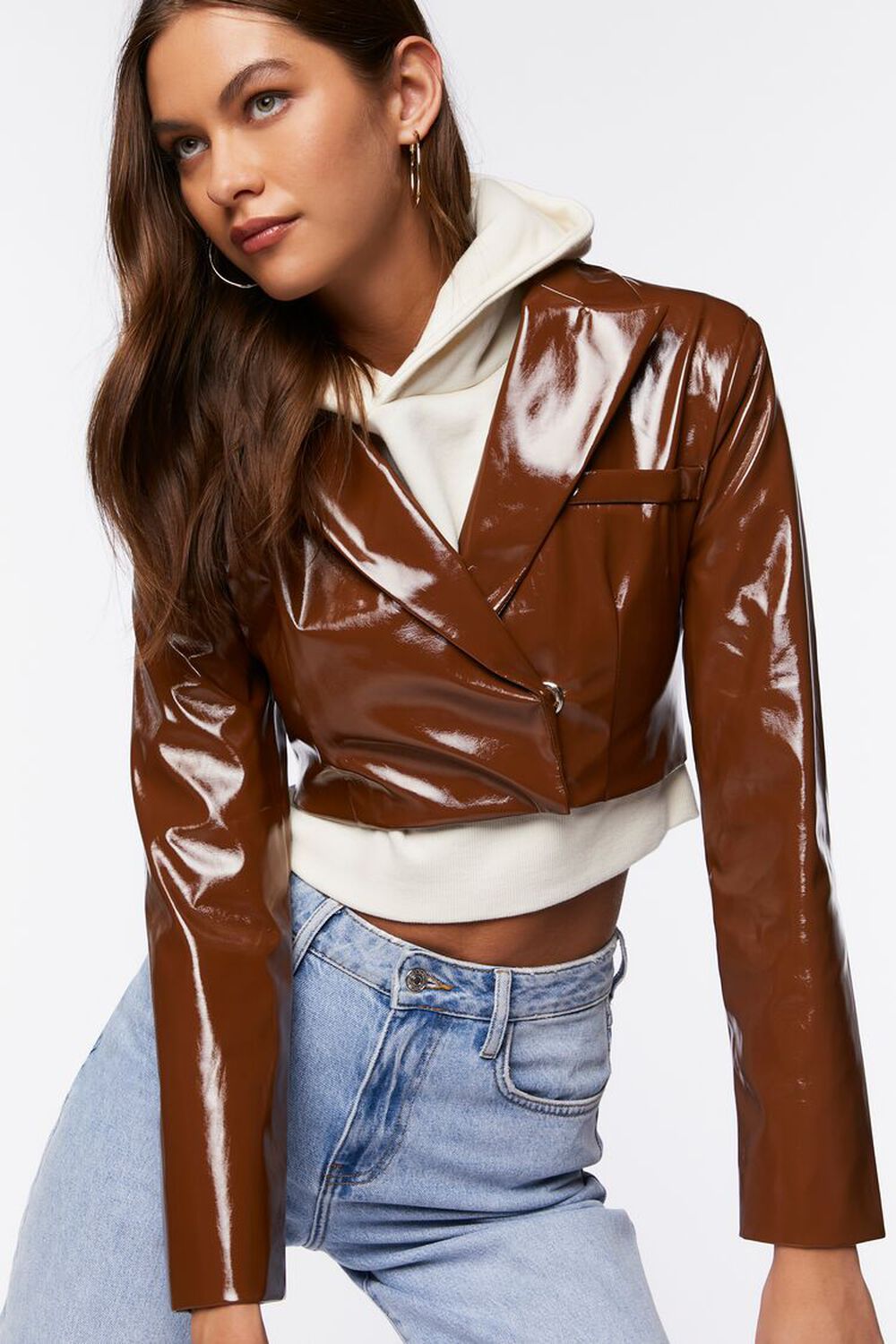 BROWN Faux Patent Leather Cropped Blazer, image 1