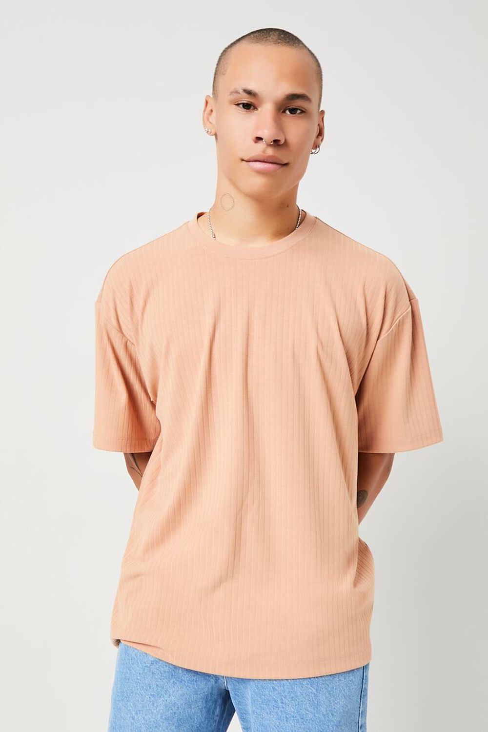 LIGHT BROWN Ribbed Crew Neck Tee, image 1