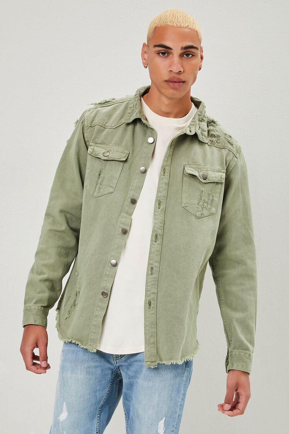 OLIVE Distressed Button-Front Jacket, image 1