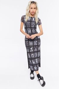BLACK/MULTI Tarot Card Print Mesh Midi Dress, image 4