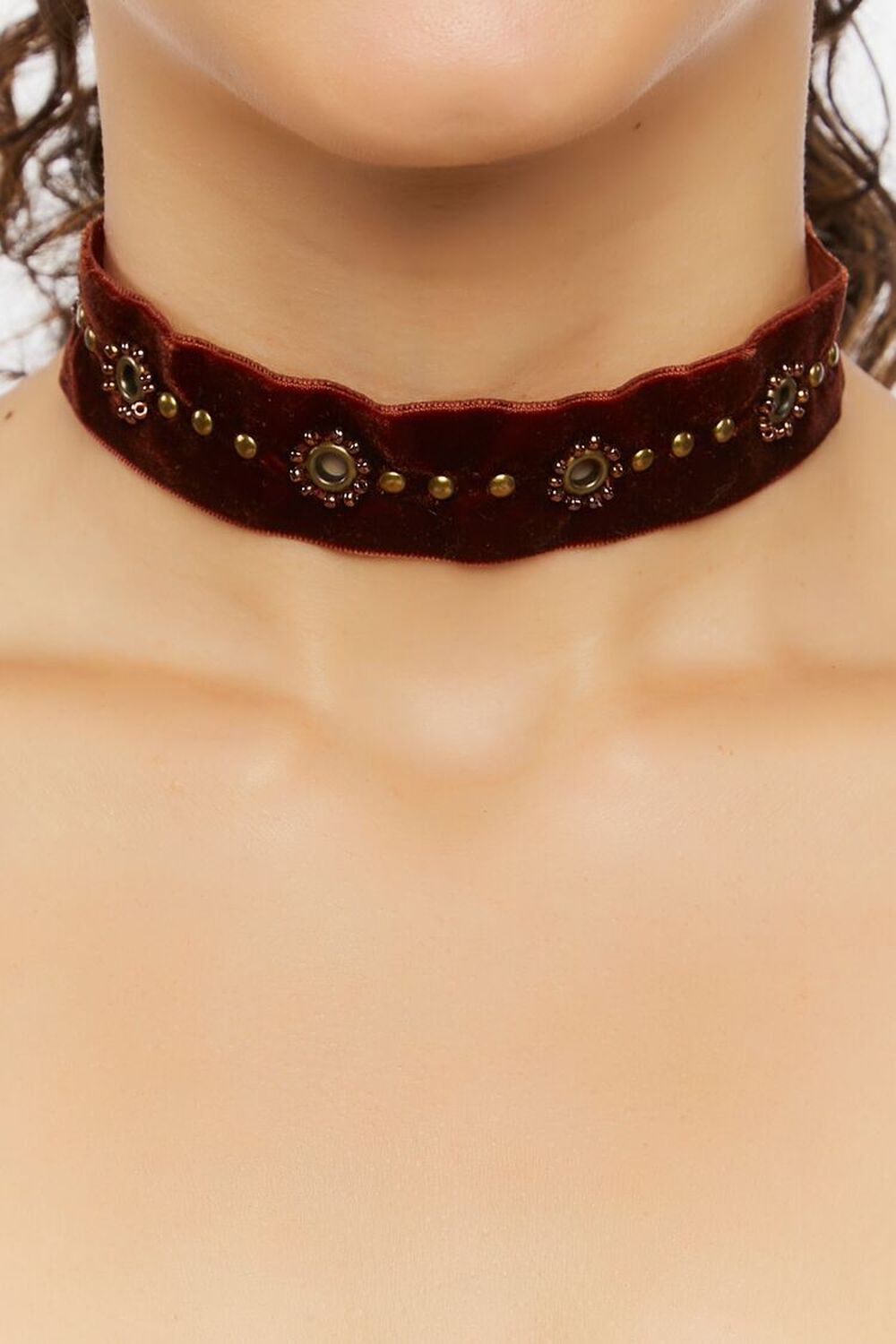 BROWN/GOLD Studded Velvet Choker Necklace, image 1