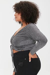 BLACK/SILVER Plus Size Ruched Drawstring Crop Top, image 2