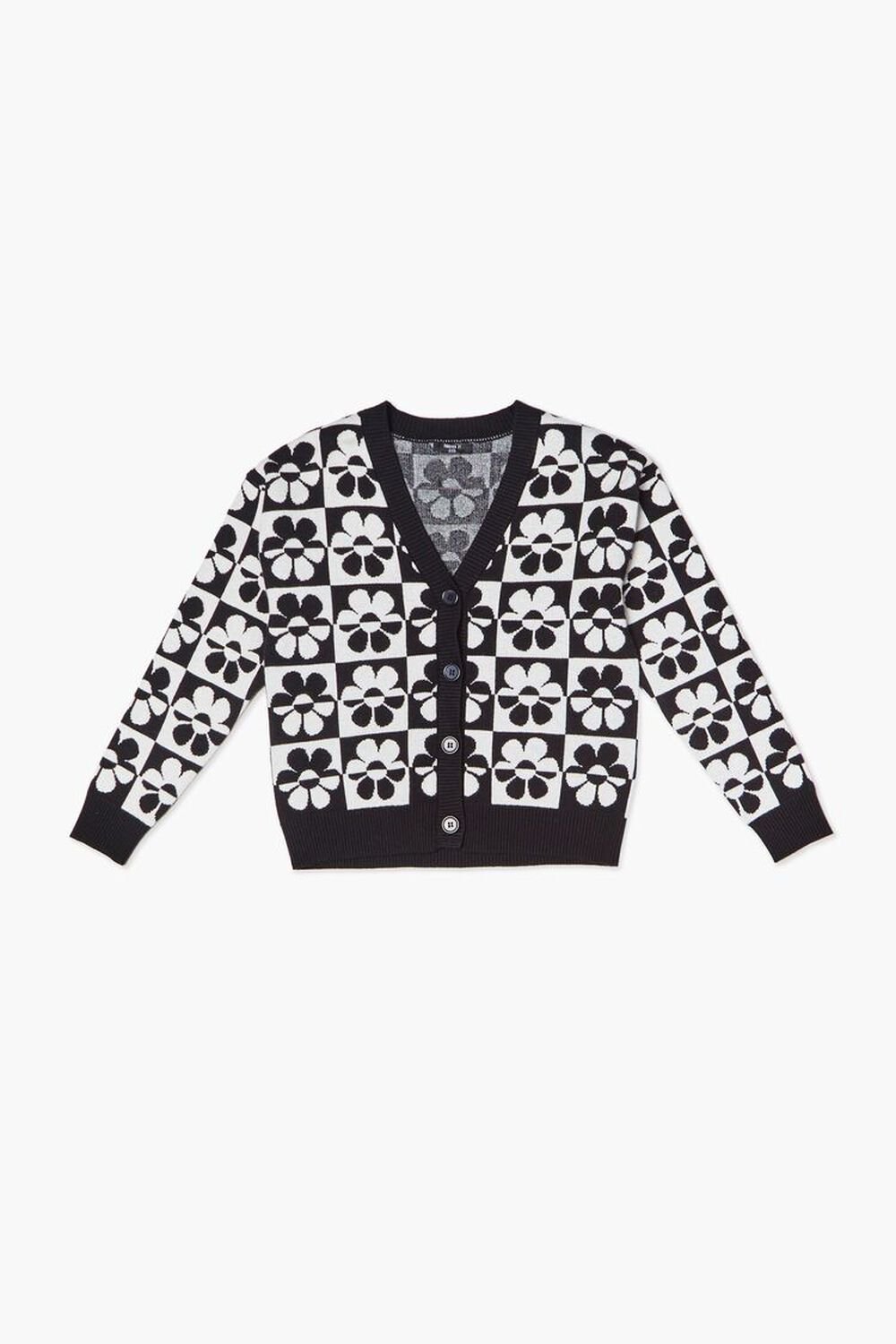 BLACK/WHITE Girls Checkered Floral Cardigan Sweater (Kids), image 1