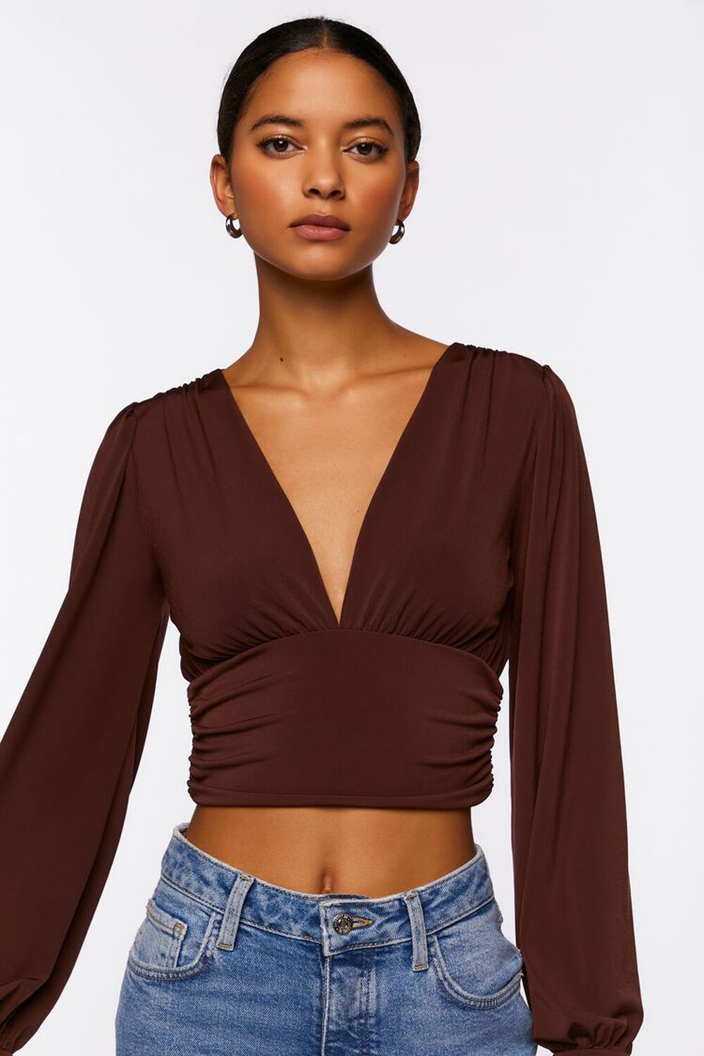 CHOCOLATE Plunging Shirred Crop Top, image 1