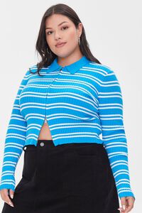 TURQUOISE/WHITE Plus Size Sweater-Knit Crop Top, image 1