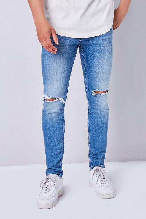 MEDIUM DENIM Premium Distressed Slim-Fit Jeans, image 1
