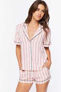PINK/WHITE Striped Pajama Shirt & Shorts Set, image 1