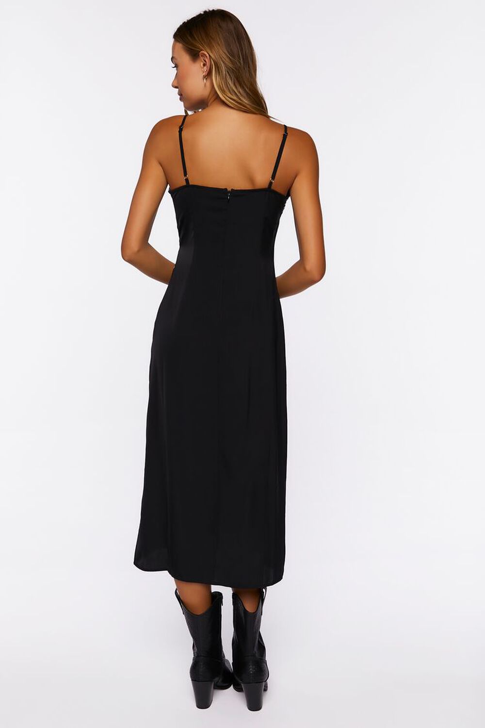 BLACK Satin Floral Applique Slip Dress, image 3