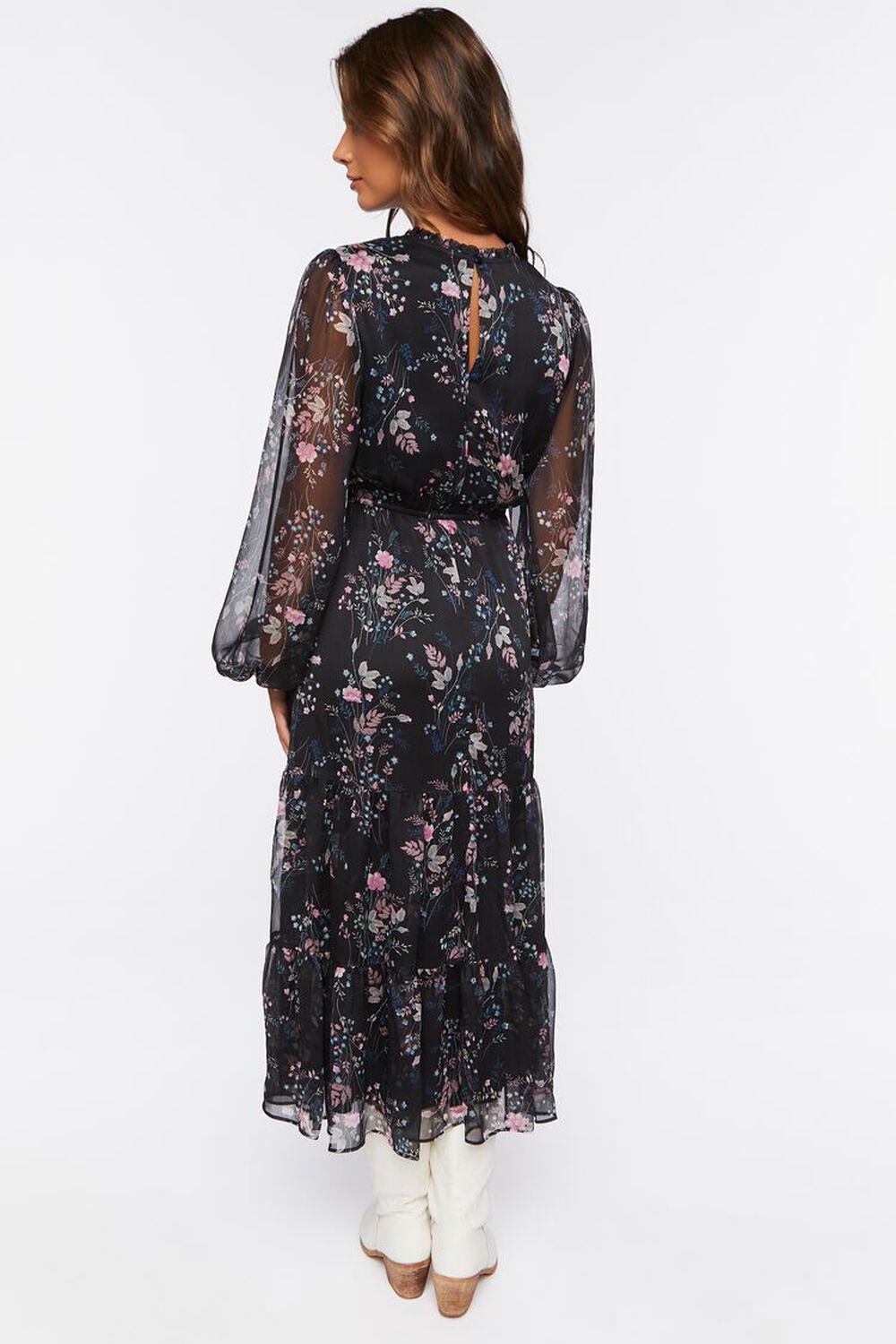 BLACK/MULTI Chiffon Floral Print Midi Dress, image 3