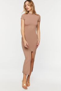 TAUPE Mock Neck Short-Sleeve Slit Maxi Dress, image 1