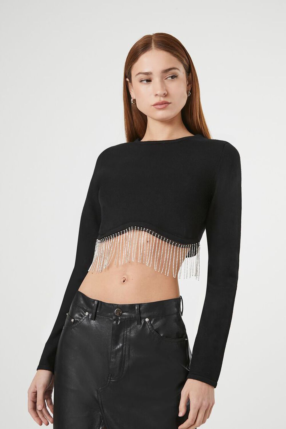 Forever 21 Women's Rhinestone-Fringe Crop Top in Black Medium | Date Night, Clubbing, Party Clothes | F21
