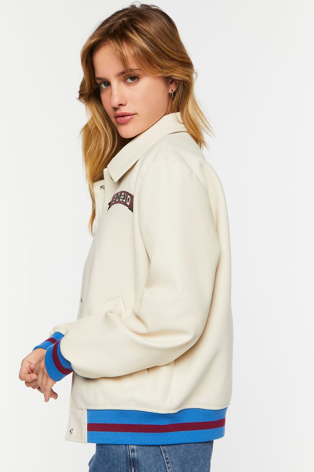 IVORY Faux Leather Varsity-Striped Tennis Jacket, image 2
