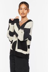 BEIGE/BLACK Abstract Print V-Neck Sweater, image 3