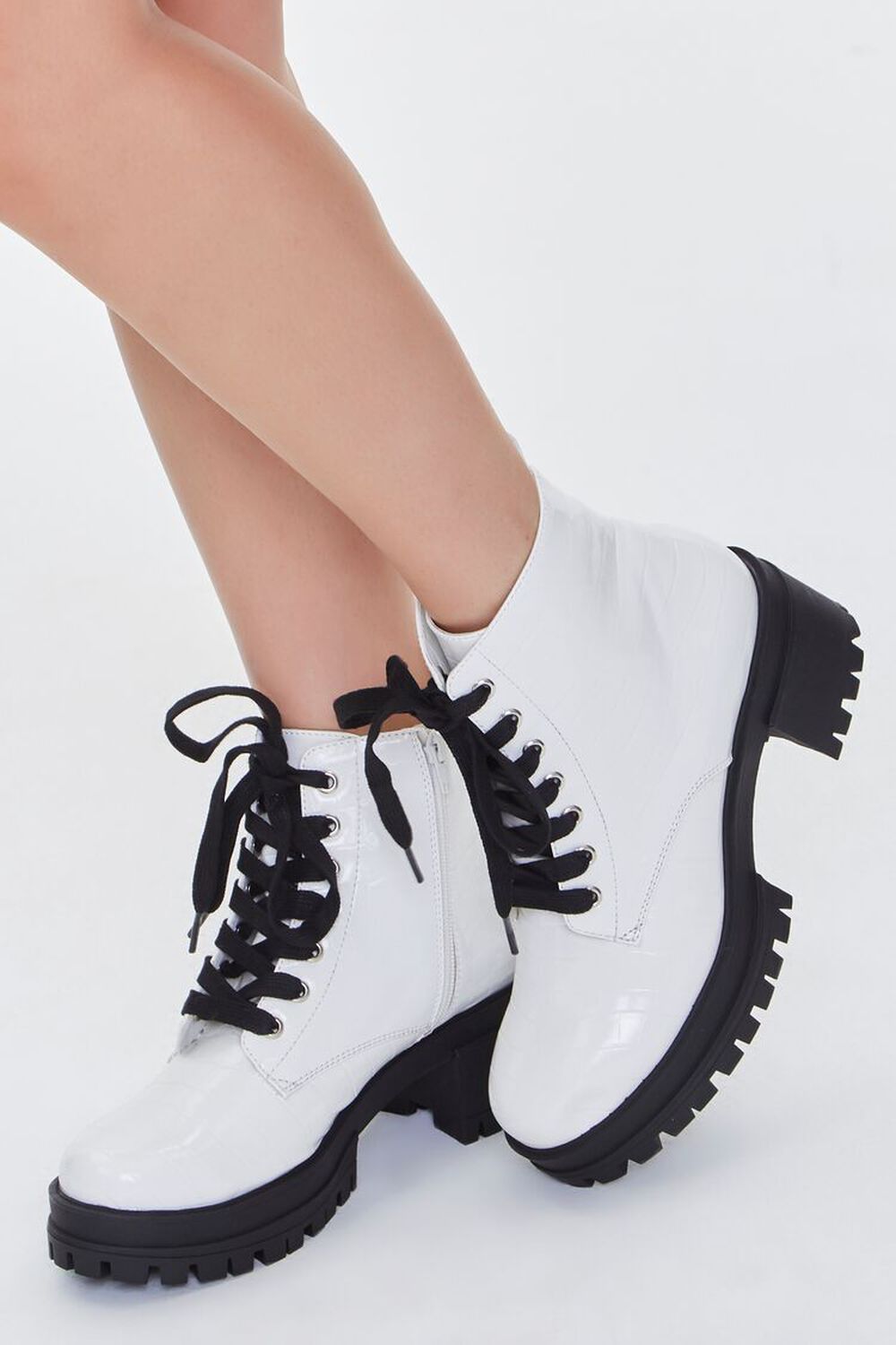 WHITE Faux Croc Leather Lace-Up Booties, image 1