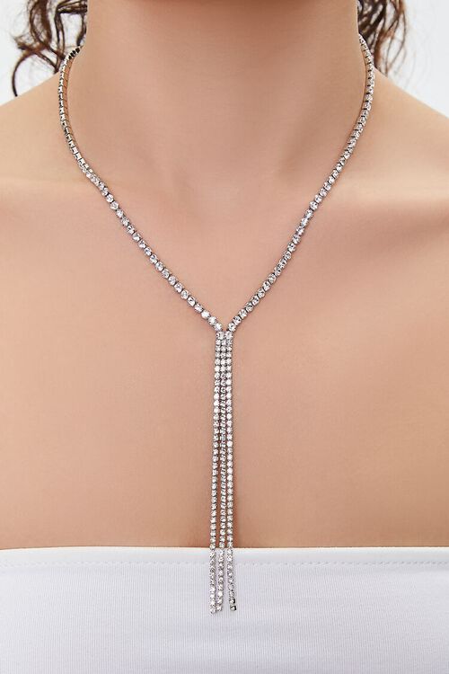 SILVER/CLEAR Rhinestone Box Y-Chain Necklace, image 1