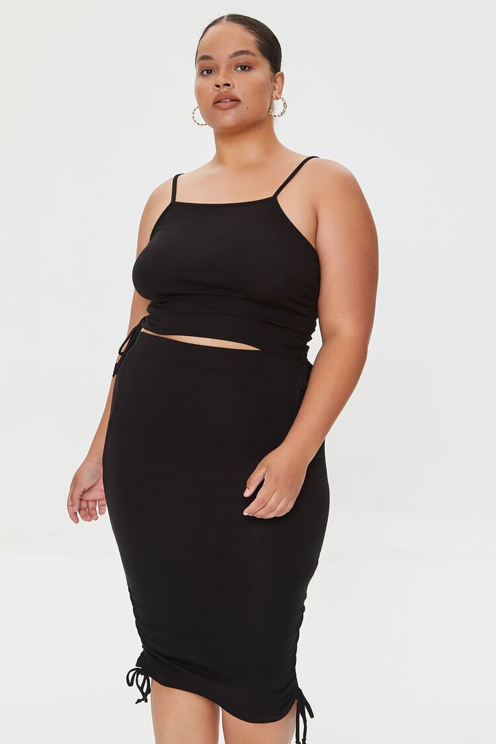 BLACK Plus Size Ruched Cami & Midi Skirt Set, image 1