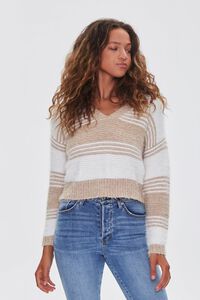 CREAM/TAUPE Fuzzy Striped Cropped Sweater, image 1