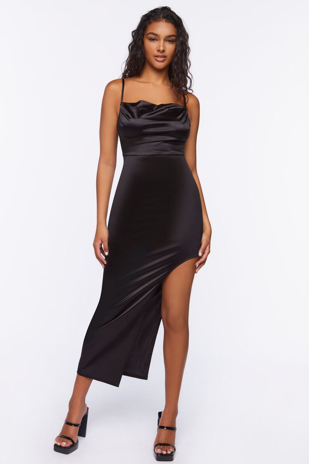 BLACK Satin Asymmetrical Maxi Dress, image 1