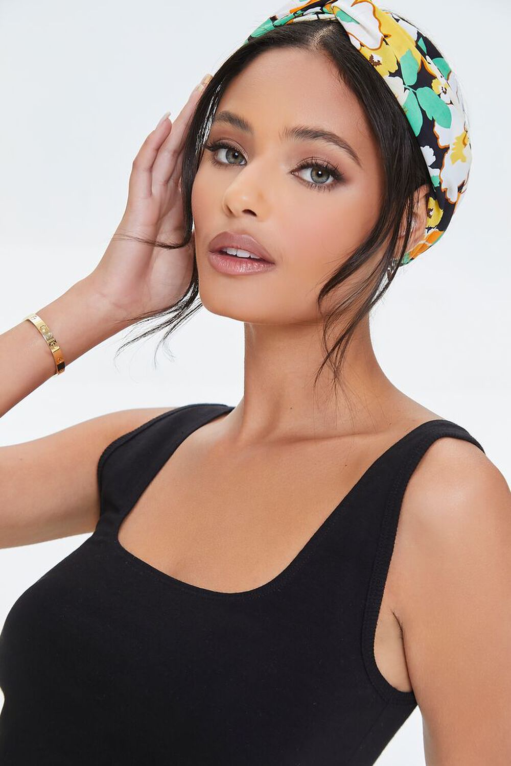 BLACK/YELLOW Floral Print Twisted Headwrap, image 1
